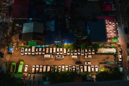 High angle view of parking in neighbourhood in Kuala Lumpur at night 