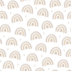 Vector seamless pattern with stylized rainbows and small tree icons on white background in muted beige and taupe tones, minimalist neutral Scandinavian design print.