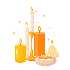 Vector illustration of a cozy candle collection with burning decorative candles in warm yellow and orange tones, minimalist festive design isolated on white background