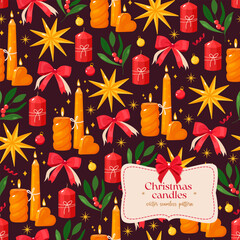 Christmas candles vector seamless pattern with festive red bows, burning candles, golden stars, ornaments and holly leaves on dark background, cozy winter holiday print. 