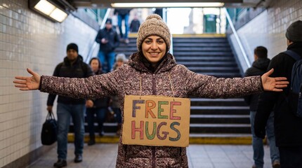 Woman volunteer with free hugs sign at subway station entrance celebrating International Hug Day January urban transit activism
