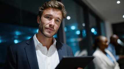 A stylish businessman with a confident expression is holding a tablet in a modern office setting, symbolizing professionalism and innovation in today's corporate world.
