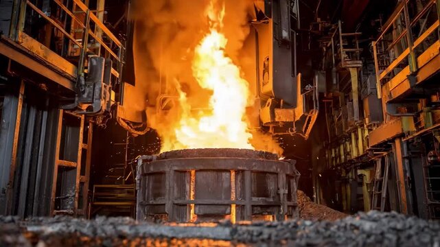 Medium shot of a gaspowered ladle preheating setup with visible flames ensuring uniform temperature distribution for molten metal pouring.
