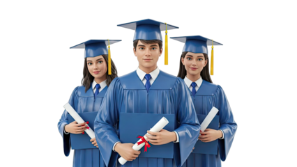Three graduates in blue gowns and caps holding diplomas