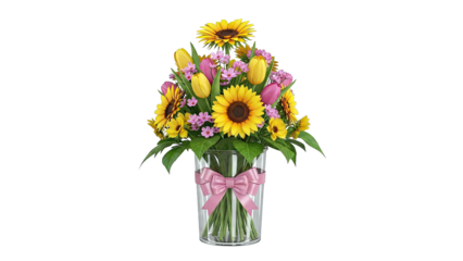 Vibrant Sunflower and Tulip Bouquet in Glass Vase with Pink Bow