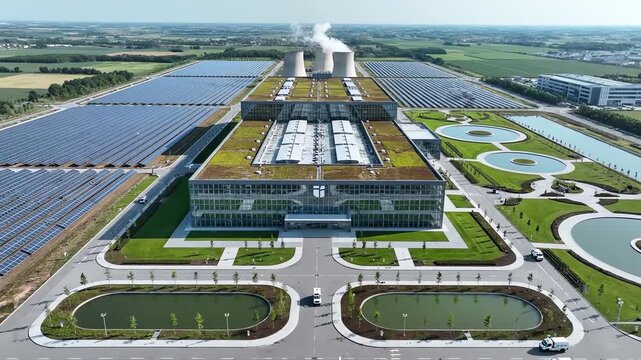 Aerial Perspective of the EDF Research and Development Center in Paris with Solar Panels Green Roof and Water Features Innovation