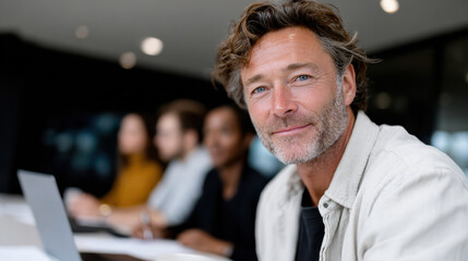A smiling businessman is seen among colleagues in a meeting, displaying positivity and teamwork within a vibrant office atmosphere, fostering an engaging work environment.