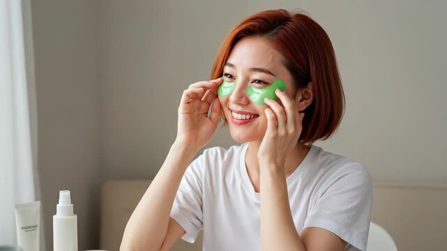 Embracing Radiance: A woman experiencing the benefits of eye patches, a moment of self-care and gentle beautification.