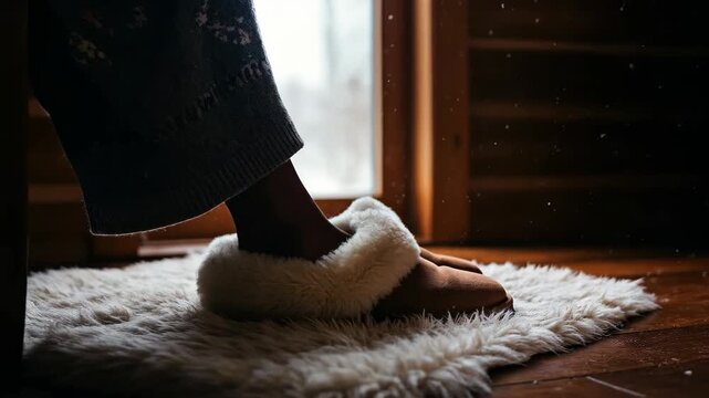 Cozy Home Comforts: A person's foot, enveloped in a plush slipper, rests on a soft rug, set beside a window, painting a picture of tranquility.