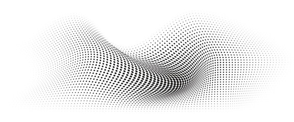 Flowing Wave Dot Halftone Pattern: Curve Gradient Shape on Transparent Background. Suitable for AI, Tech, Network, Digital, Science, and Technology Themes.
