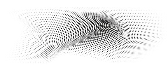 Flowing Wave Dot Halftone Pattern: Curve Gradient Shape on Transparent Background. Suitable for AI, Tech, Network, Digital, Science, and Technology Themes.