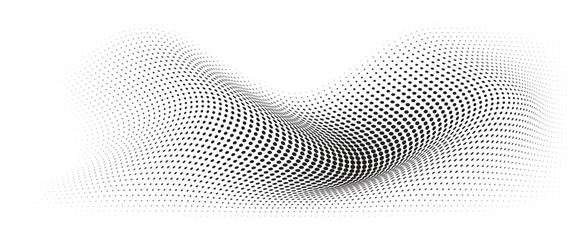 Flowing Wave Dot Halftone Pattern: Curve Gradient Shape on Transparent Background. Suitable for AI, Tech, Network, Digital, Science, and Technology Themes.