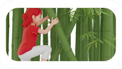 Girl climbing bamboo stalks
