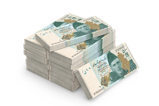 Stack of Pakistani Five Hundred Rupees Banknotes on a white background