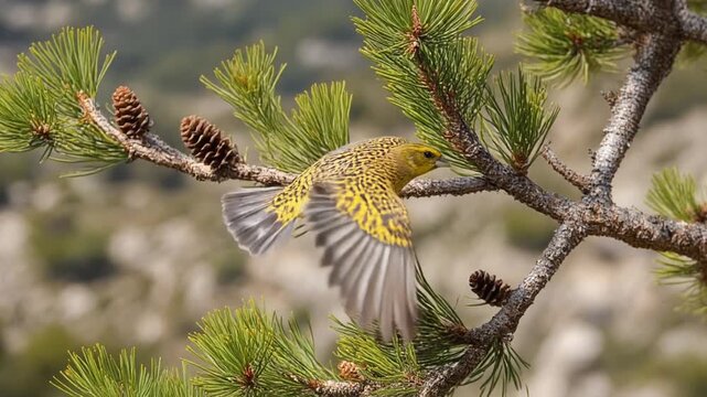 A Syrian Serin in flight, evoking all the feels, perched on a rocky limestone branch surrounded by pine needles
