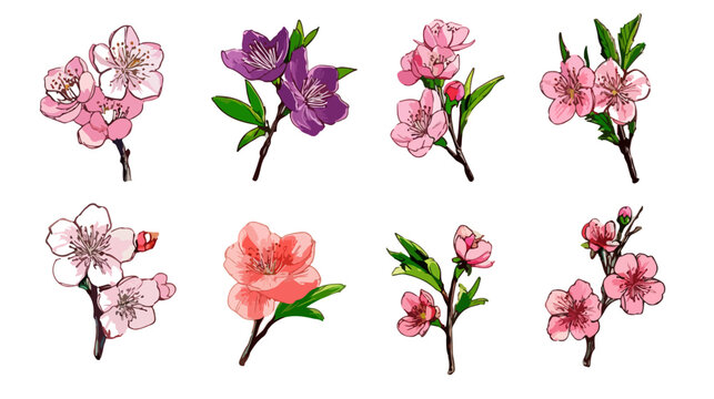 Conjunto de delicadas flores aquarela e ramos de cerejeira em tons de rosa e roxo, com fundo transparente, perfeito para design de primavera.