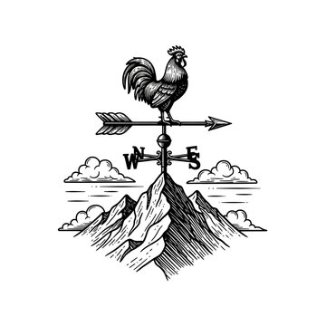 Rooster weather vane atop a mountain peak with clouds and compass points.