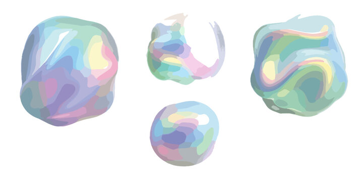Cole&ccedil;&atilde;o de formas abstratas transparentes com brilho iridescente e gradiente pastel, criando um efeito l&iacute;quido e et&eacute;reo.