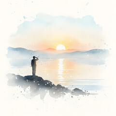 Man saluting the sunrise over a calm lake