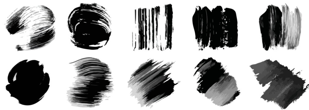 Cole&ccedil;&atilde;o de tra&ccedil;os de pincel pretos art&iacute;sticos e texturizados, ideais para design gr&aacute;fico e elementos decorativos, com fundo transparente.