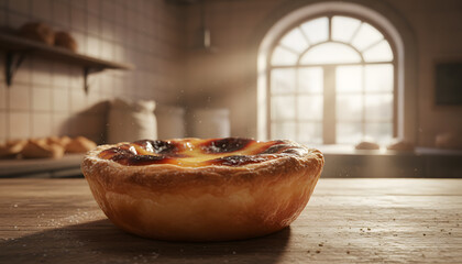 Traditional Pastel de Nata in a Sunlit Rustic Bakery