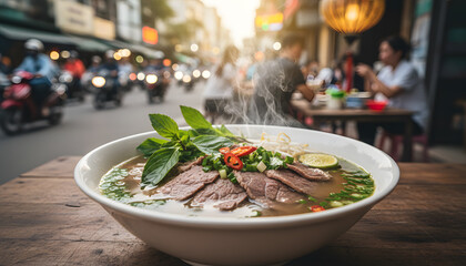 Steaming bowl of beef pho on a busy city street