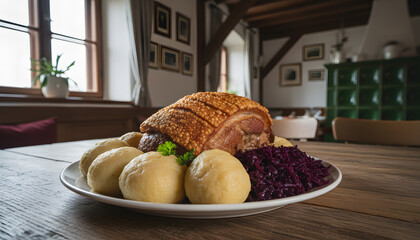 Traditional Bavarian Roast Pork with Dumplings and Red Cabbage
