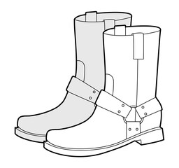 Harness western boot women sketch pair. Strap detail ankle boot for edgy country inspired city outfit. Technical fashion illustration CAD mockup vector man unisex isolated classic style.