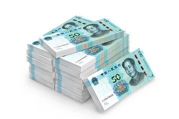 Stack of Chinese Fifty Renminbi Banknotes on a white background
