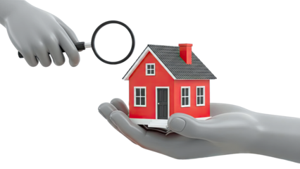 Magnifying Glass Examines Red House on Gray Hand