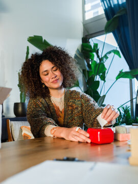 Woman printing labels