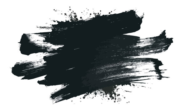 Pincelada preta abstrata com textura de tinta e salpicos, ideal para design gr&aacute;fico, com fundo transparente e estilo grunge expressivo.
