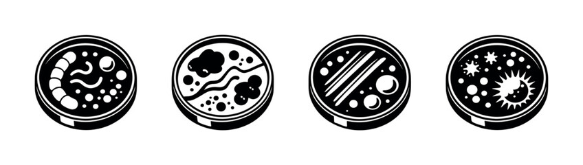 Microbiology vector icons set: bacteria, virus, petri dish, science symbols