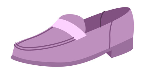 Purple penny loafer shoe women flat. Strap detail casual dress footwear for spring outfit stylish feminine wardrobe. Technical fashion illustration CAD mockup smooth vector man isolated trendy style.