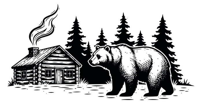 Hand drawn illustration of a bear and a log cabin depicting a wilderness scene for outdoor adventures