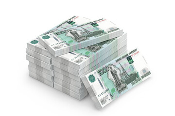 Stack of Russian One Thousand Rubles Banknotes on a white background