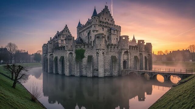 Sunset over a magnificent castle with towering turrets reflecting in the tranquil moat and calm waters.