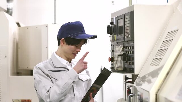 工場の操作盤の前で働く男性作業員