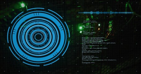 Rotating blue HUD graphic occupying left in virtual interface, showing code waveform, copy space
