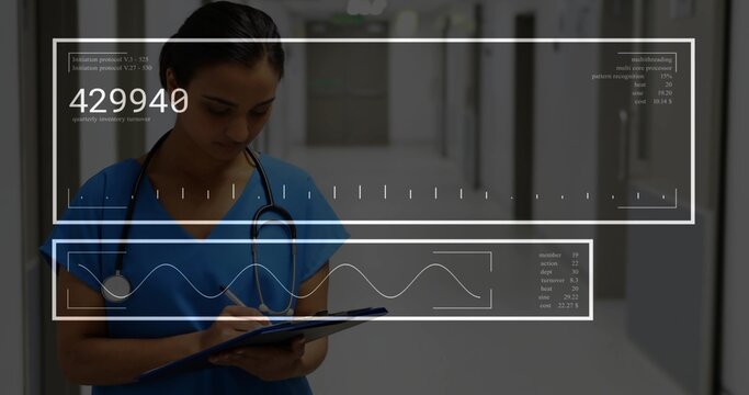 Writing nurse in blue scrubs with clipboard, pen and stethoscope in hospital corridor, HUD 429940 - Powered by Adobe