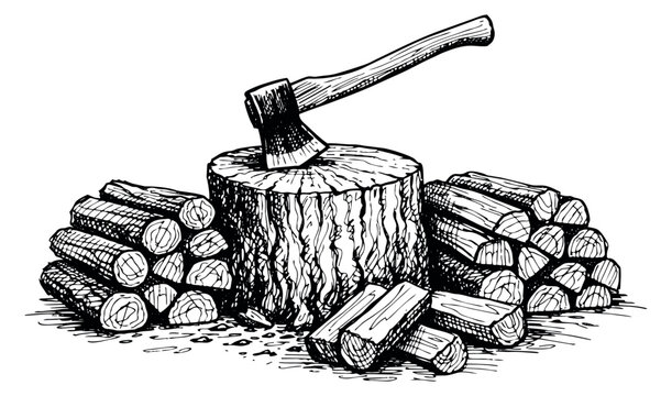 Hand drawn line art illustration of an axe and firewood depicting a wood chopping scene for rustic outdoor activities