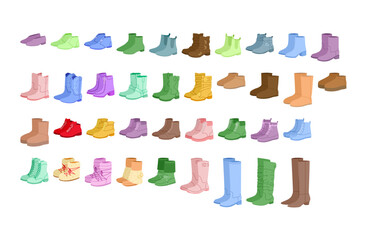 Boot color pair set. Chelsea work hiking duck cowboy, combat steel toe desert chukka platform, logger styles for men women unisex. Seasonal outdoor and footwear vector chart and fashion projects