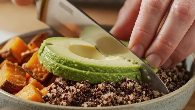 Avocado Slices Falling into Quinoa and Sweet Potato Bowl Served on Wooden Table in Bright Interior. Healthy Food Promotion and
