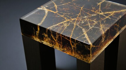 Resin table with gold crackle pattern on dark wooden legs