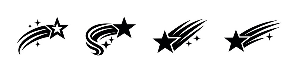 Obraz premium Shooting star vector icons set, flat celestial symbols, meteor and comet designs