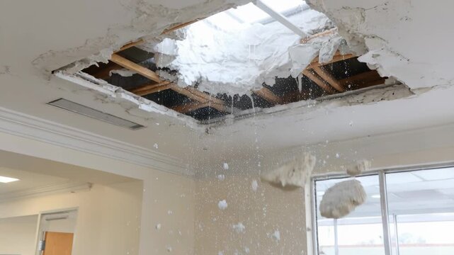 A hole in the ceiling with water pouring through it, plaster falling down. A water leak is damaging the ceiling.