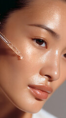 
Beauty editorial close-up of an Asian female model with flawless, dewy skin. She is applying a transparent, watery hyaluronic serum to her cheek using a dropper, the liquid visibly glistening in soft