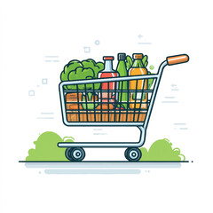 Flat Vector Shopping Trolley with Groceries, Colorful Supermarket Cart Icon for Retail and E-commerce Design