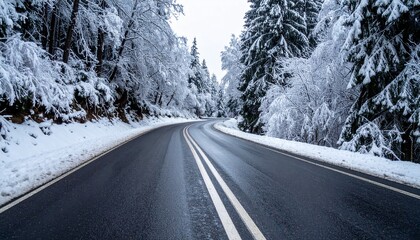 Empty winding asphalt road cutting through a serene winter forest with snow and ice-covered trees.