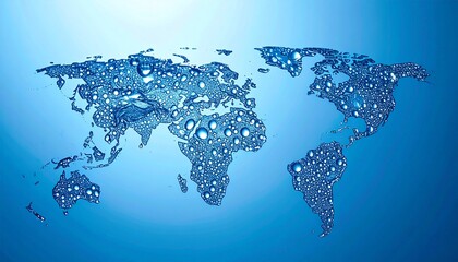 Abstract world map made of shimmering blue water droplets on a gradient background, symbolizing global water resources and environmental themes.